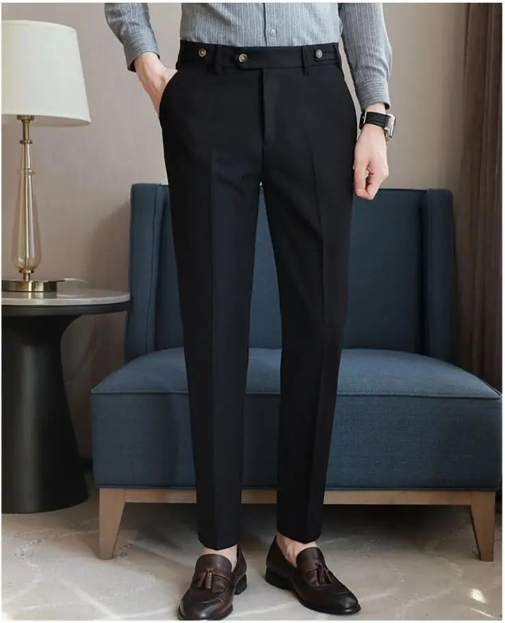 Adjustable Waist Men Solid Color Dress Pants