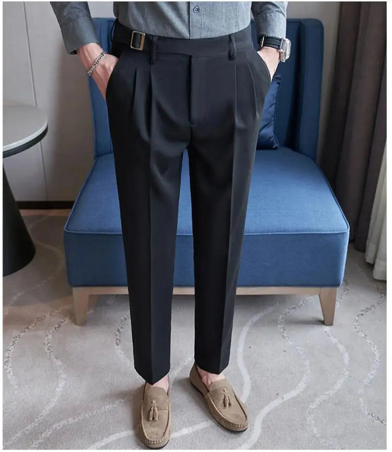 Adjustable Waist Men Solid Color Dress Pants