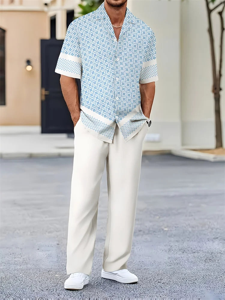 Men’s Light Blue Striped 3D Printed Shirt Set