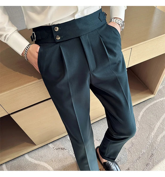 Adjustable Waist Men Solid Color Dress Pants