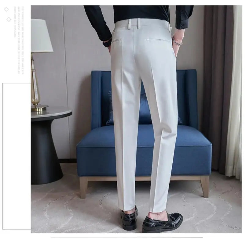 Adjustable Waist Men Solid Color Dress Pants