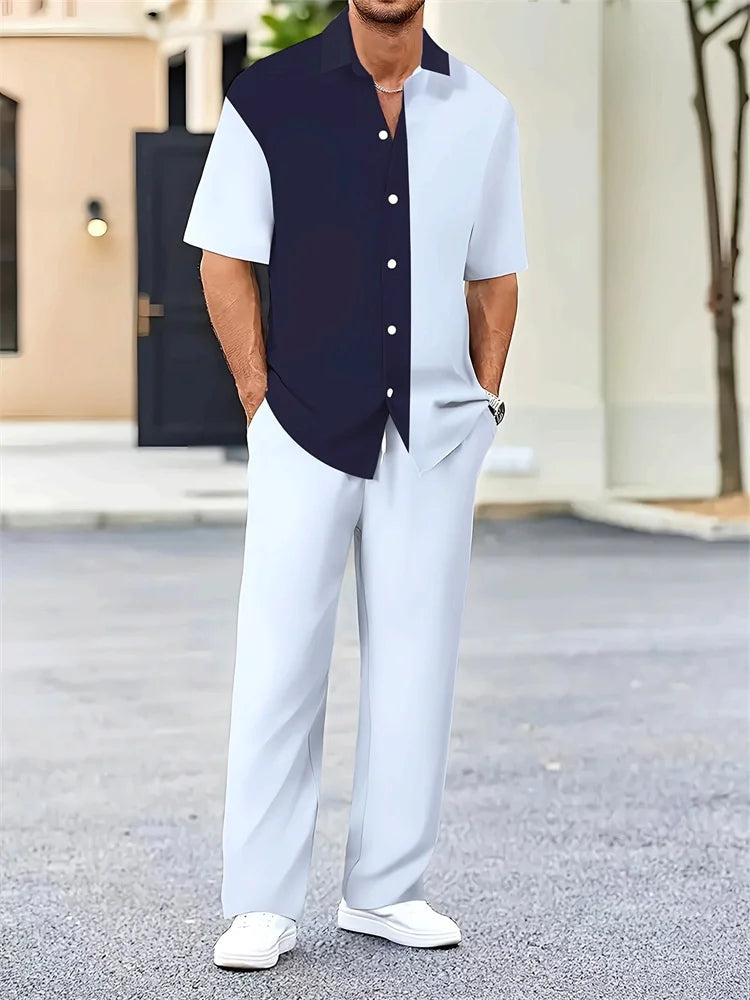Men’s Light Blue Striped 3D Printed Shirt Set