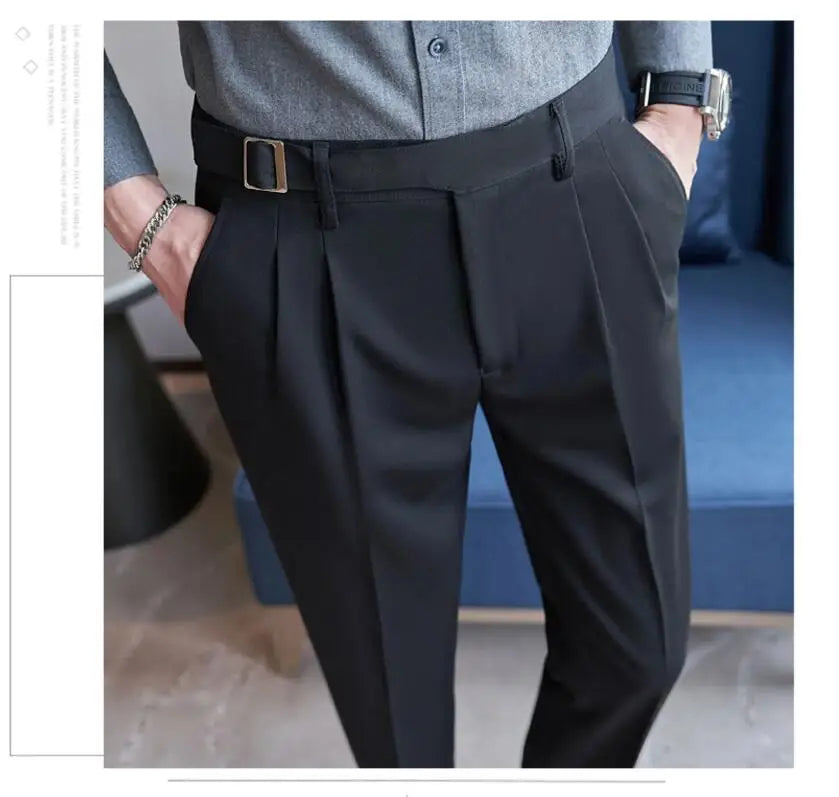 Adjustable Waist Men Solid Color Dress Pants