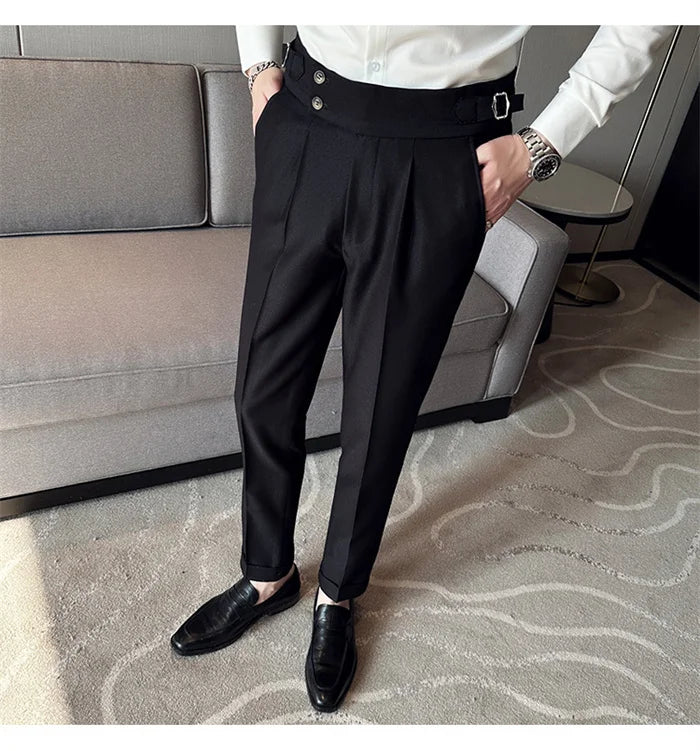 Adjustable Waist Men Solid Color Dress Pants