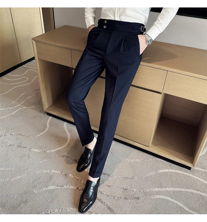 Adjustable Waist Men Solid Color Dress Pants
