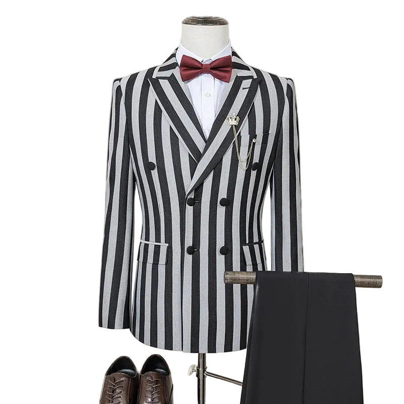 Men Striped Suit Double Breasted Slim Fit 2 Piece
