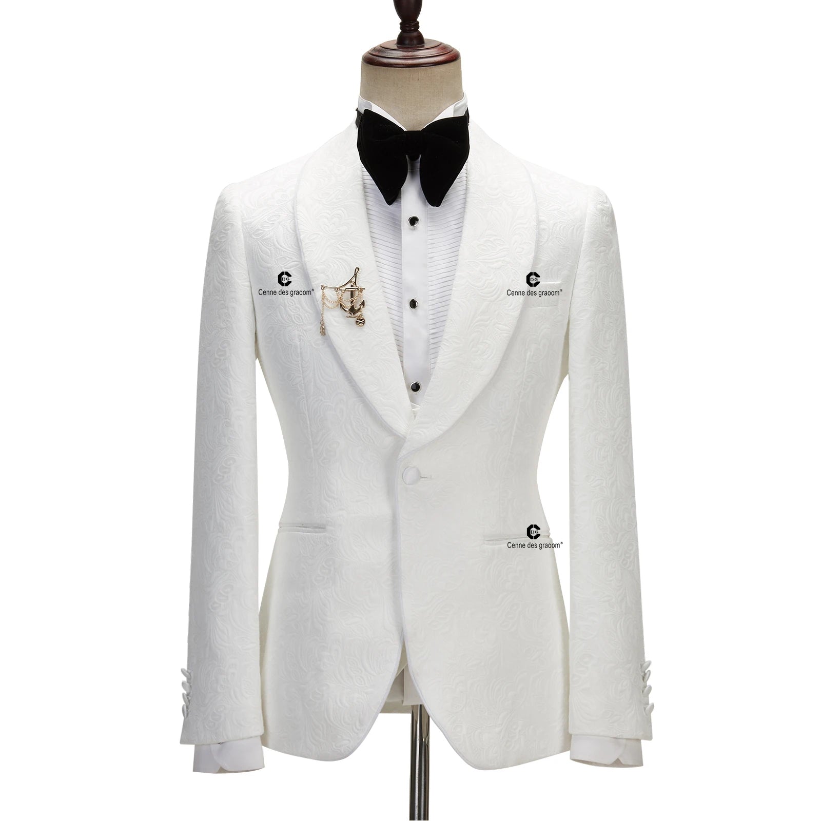 Ivory Paisley Jacket & Black Pants Slim Fit Tuxedo