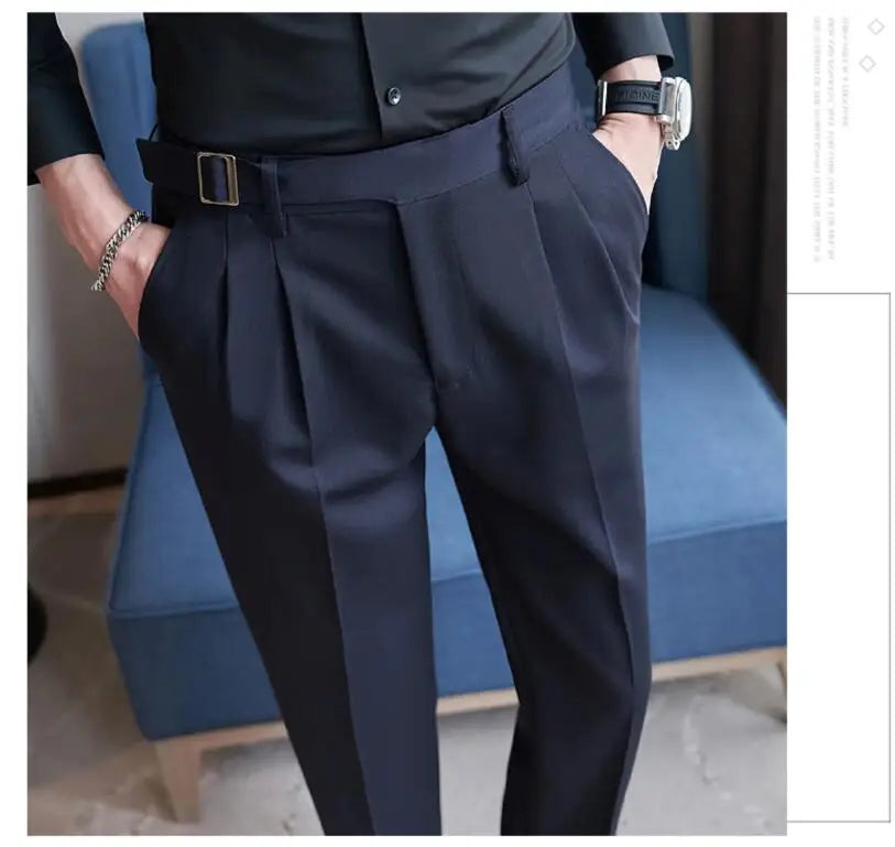 Adjustable Waist Men Solid Color Dress Pants