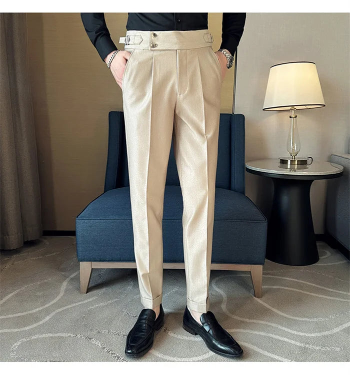 Adjustable Waist Men Solid Color Dress Pants