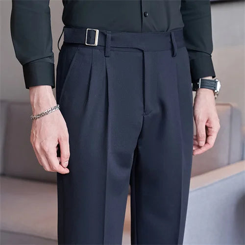 Adjustable Waist Men Solid Color Dress Pants