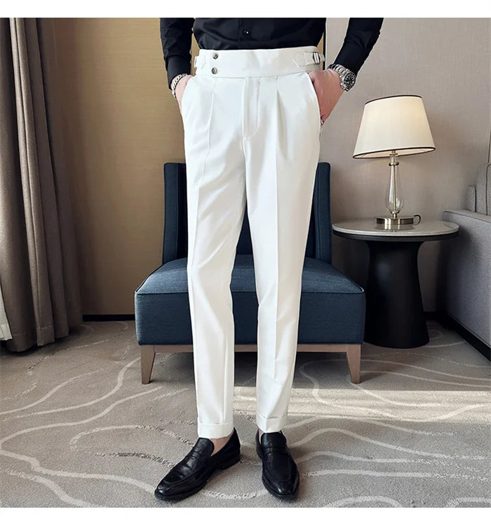 Adjustable Waist Men Solid Color Dress Pants