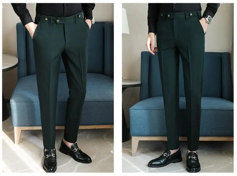 Adjustable Waist Men Solid Color Dress Pants