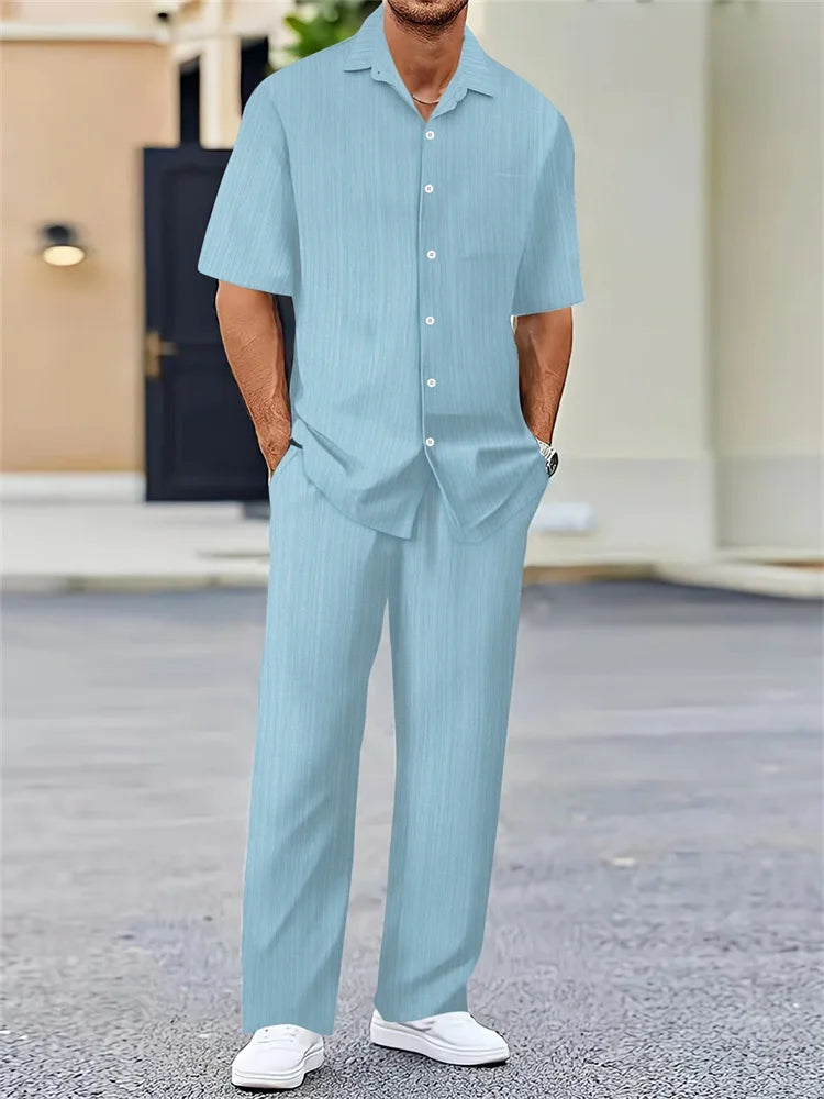 Men’s Light Blue Striped 3D Printed Shirt Set