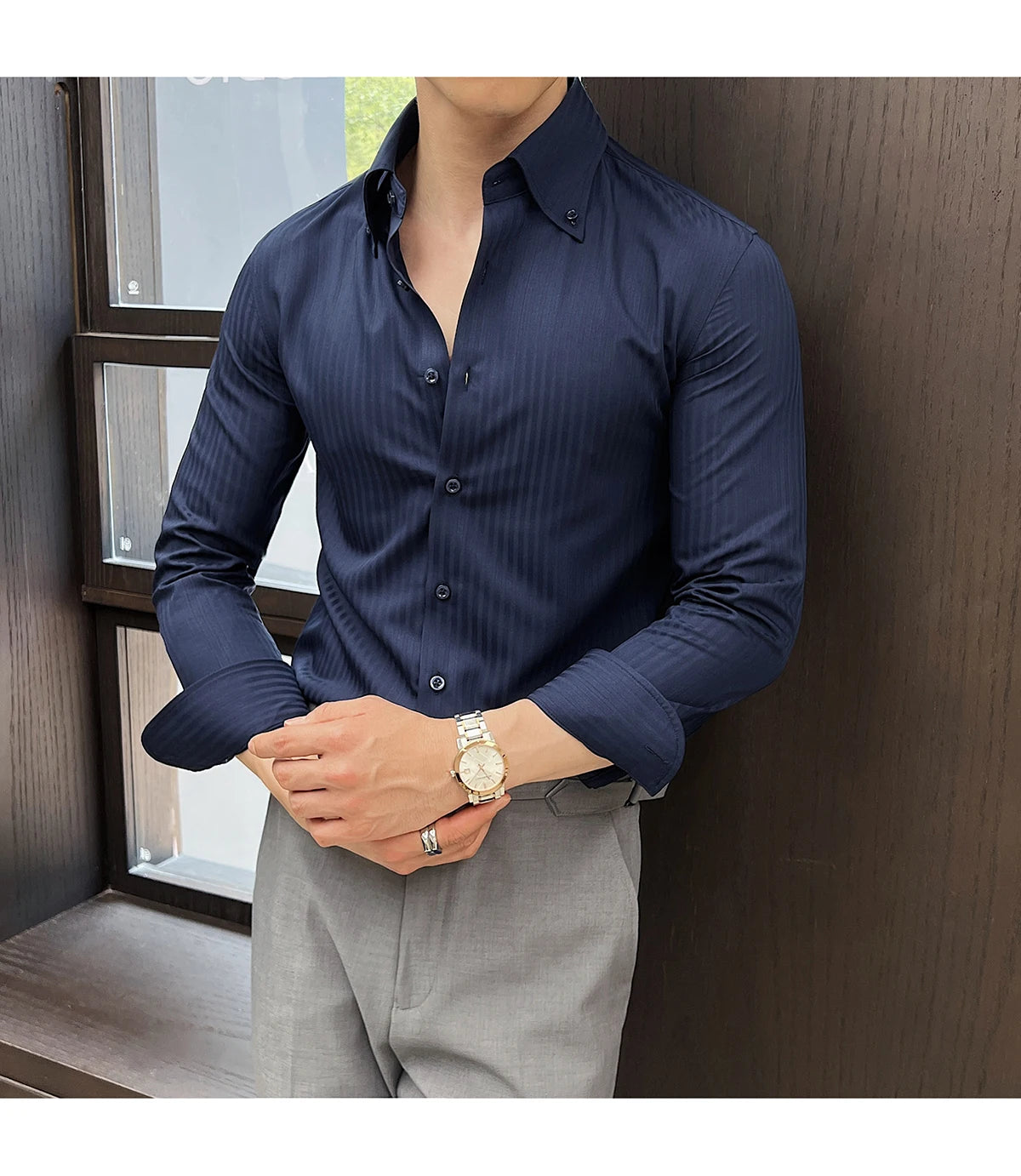 Men’s Autumn Dark Striped Long Sleeve Shirt