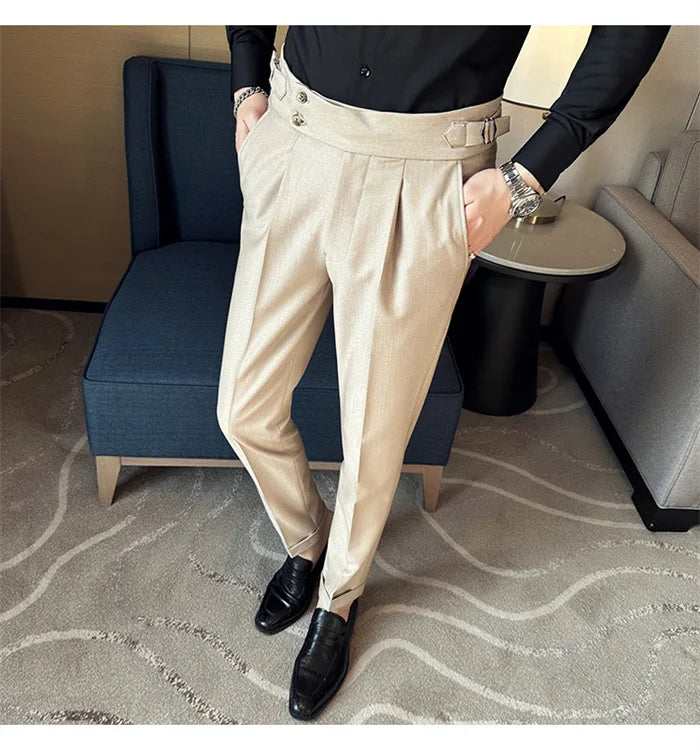 Adjustable Waist Men Solid Color Dress Pants