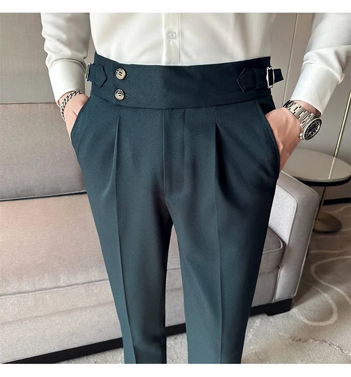 Adjustable Waist Men Solid Color Dress Pants