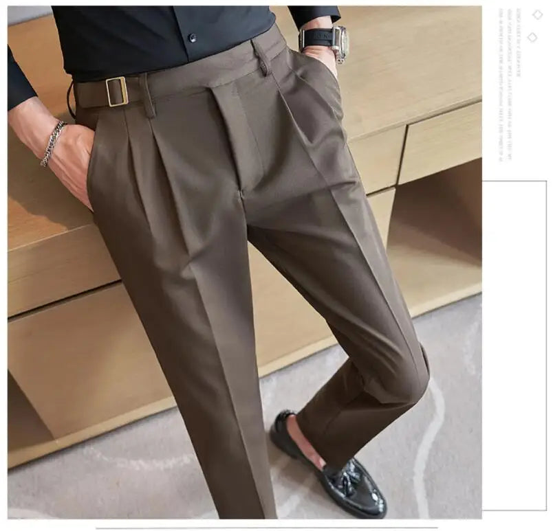 Adjustable Waist Men Solid Color Dress Pants
