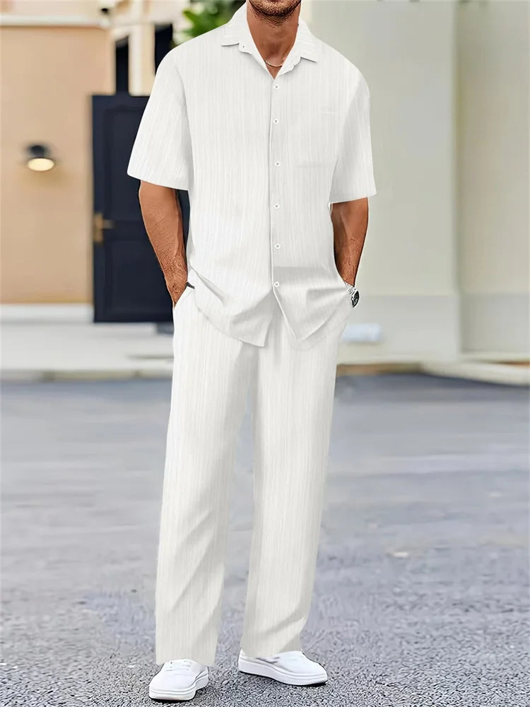 Men’s Light Blue Striped 3D Printed Shirt Set