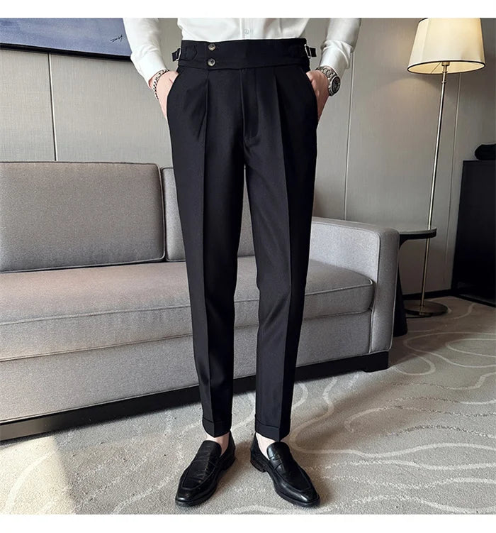 Adjustable Waist Men Solid Color Dress Pants
