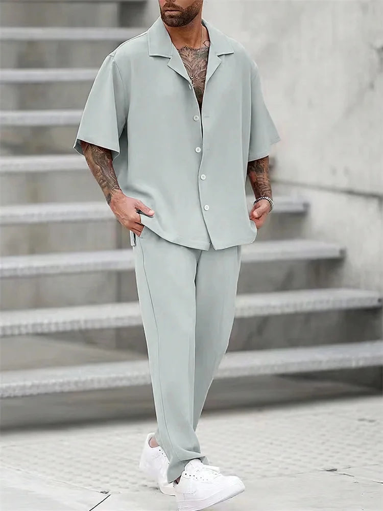Men’s Light Blue Striped 3D Printed Shirt Set