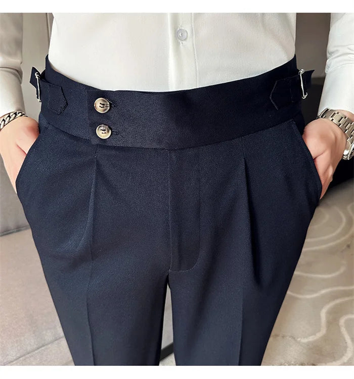 Adjustable Waist Men Solid Color Dress Pants