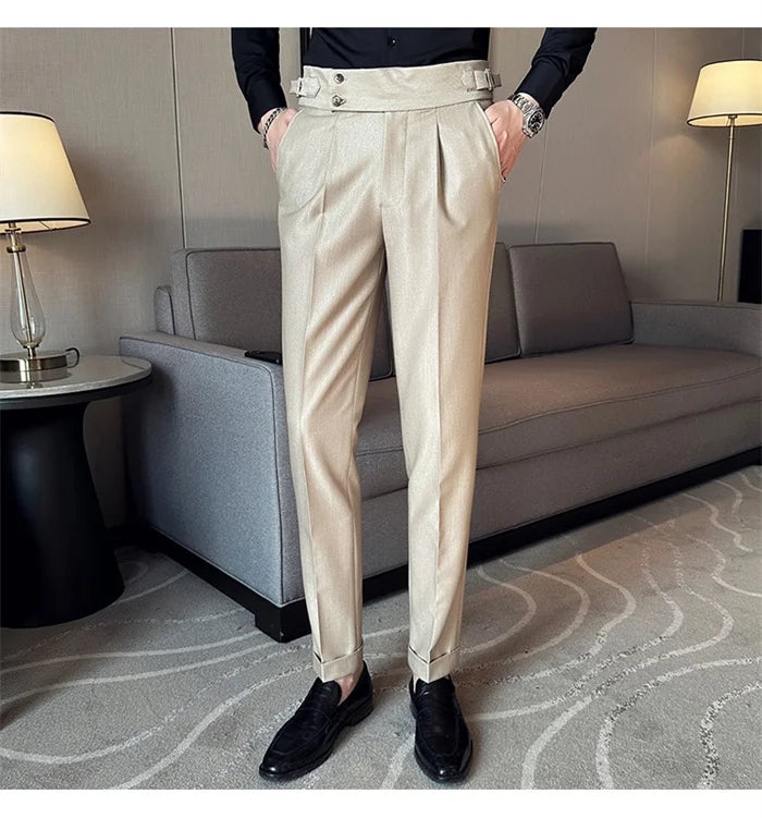 Adjustable Waist Men Solid Color Dress Pants