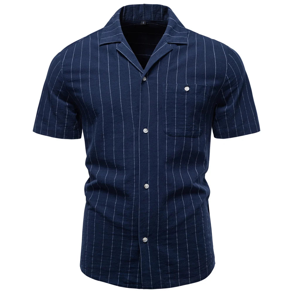 Men Casual Stripe Cotton Button Short Sleeve Shirt