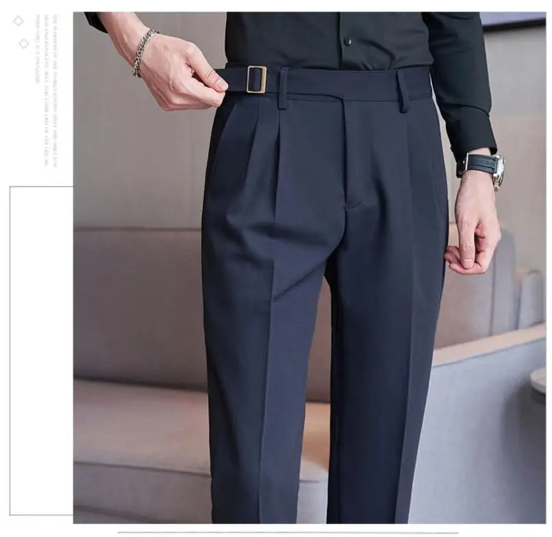 Adjustable Waist Men Solid Color Dress Pants