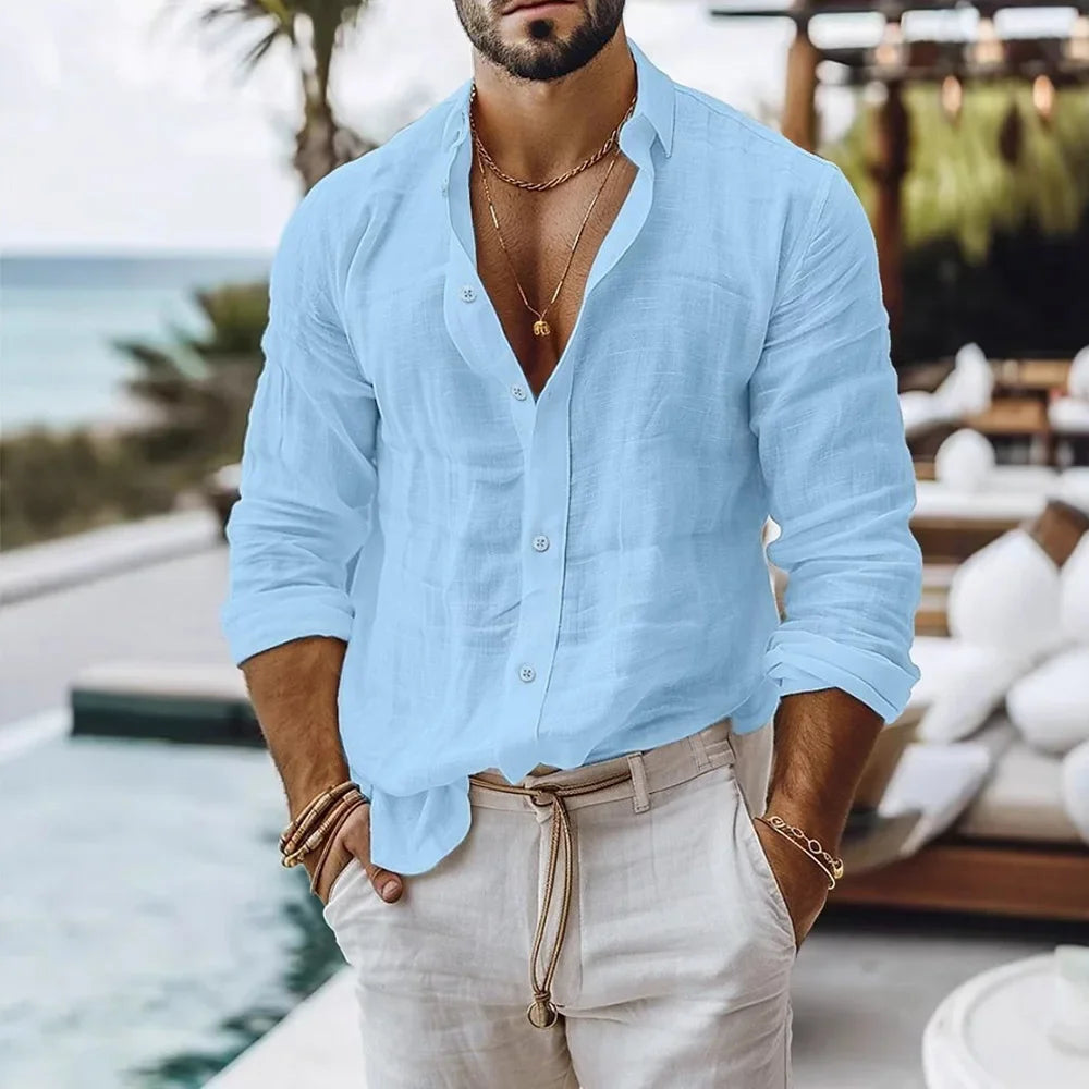 Summer Beach Style Solid Color Lightweight Cotton Linen Shirt