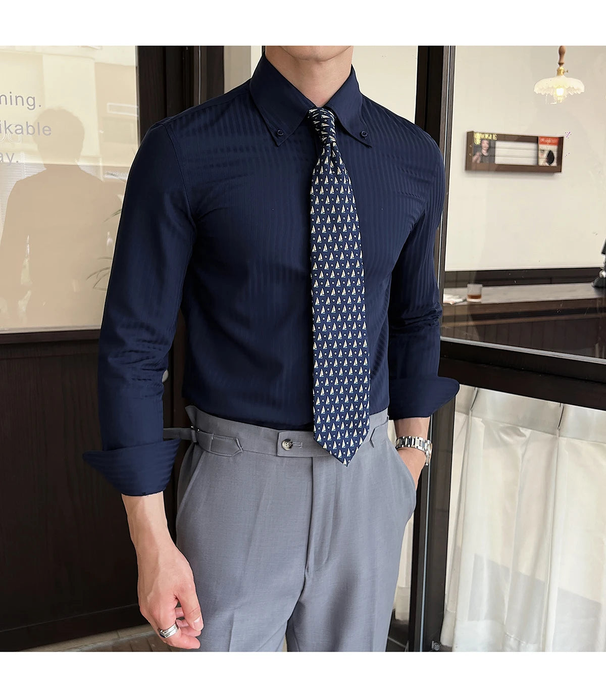 Men’s Autumn Dark Striped Long Sleeve Shirt