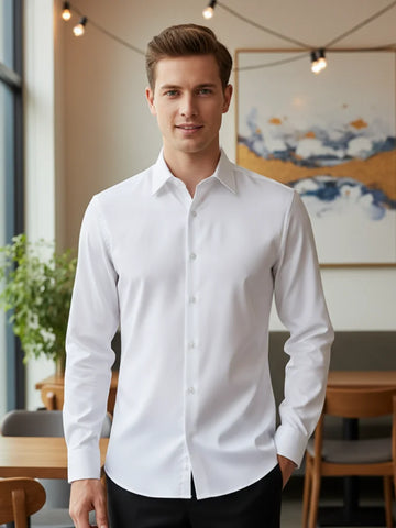 Men White Dress Shirt Slim Fit Long Sleeve Shirt