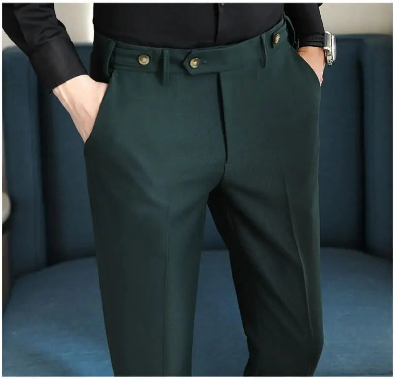 Adjustable Waist Men Solid Color Dress Pants