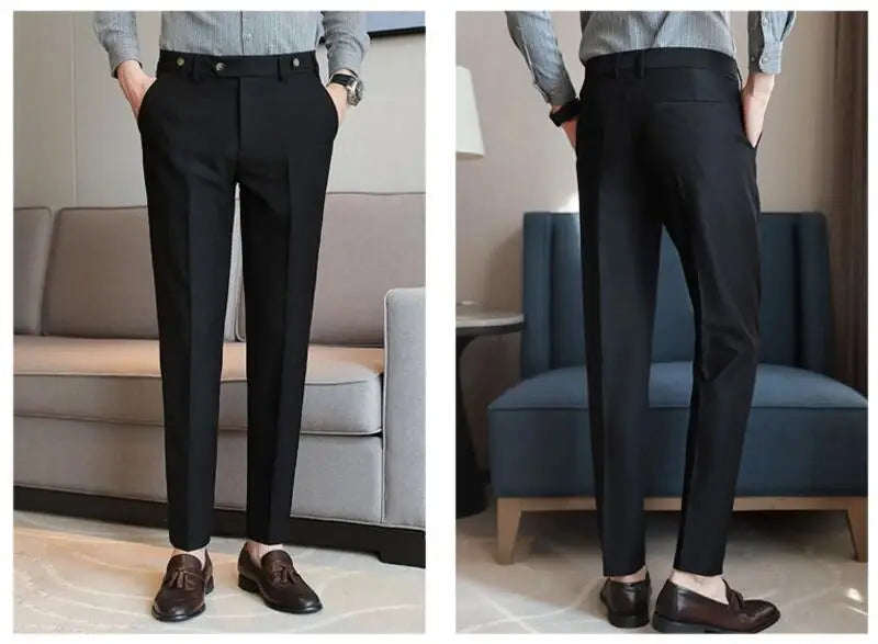 Adjustable Waist Men Solid Color Dress Pants