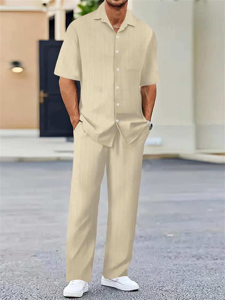 Men’s Light Blue Striped 3D Printed Shirt Set