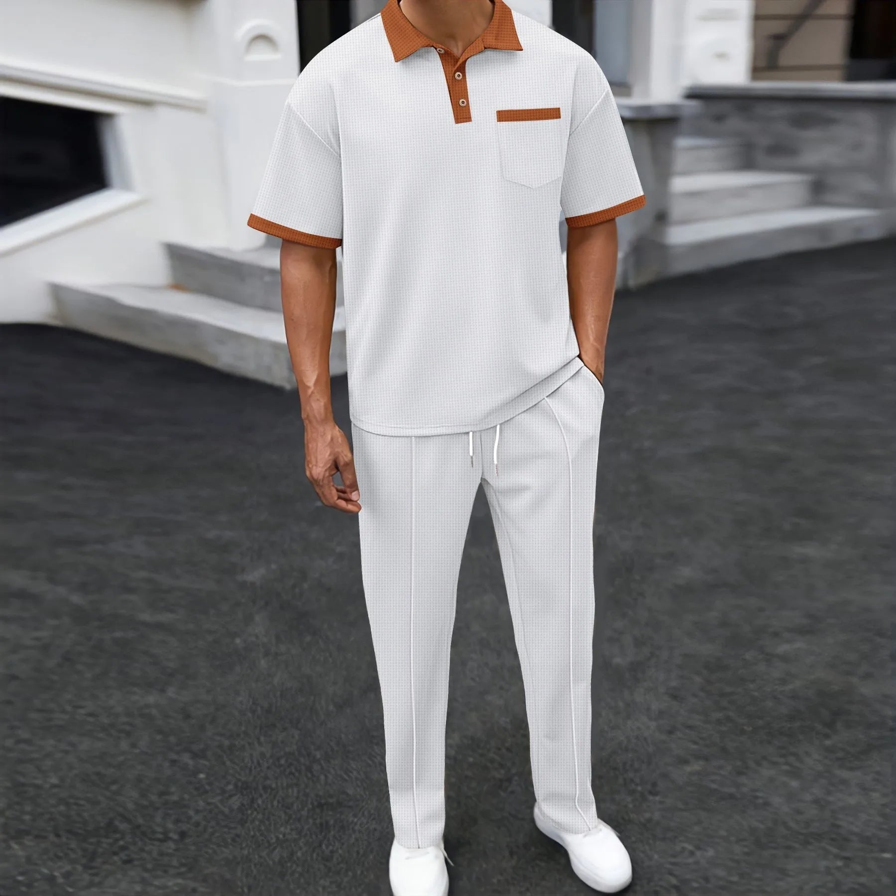 Men’s Summer Waffle Collar 2-Piece Set