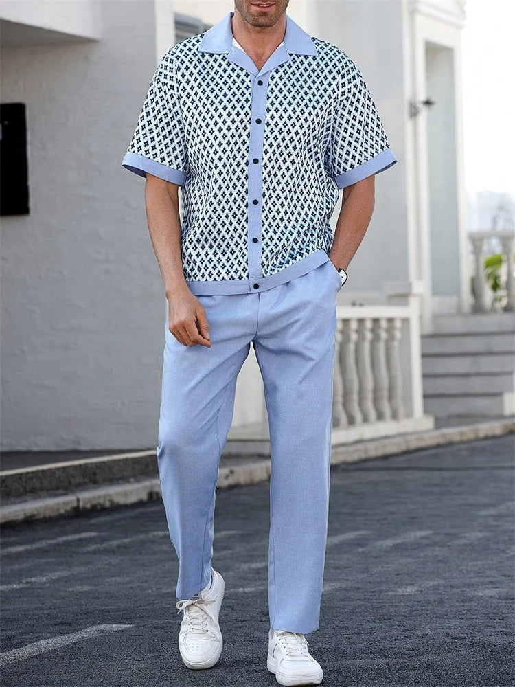 Men’s Light Blue Striped 3D Printed Shirt Set