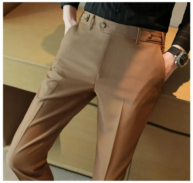 Adjustable Waist Men Solid Color Dress Pants