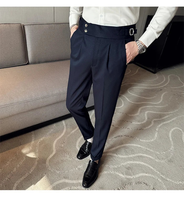 Adjustable Waist Men Solid Color Dress Pants