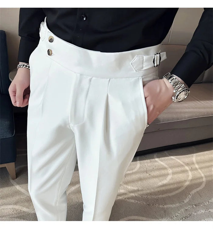 Adjustable Waist Men Solid Color Dress Pants