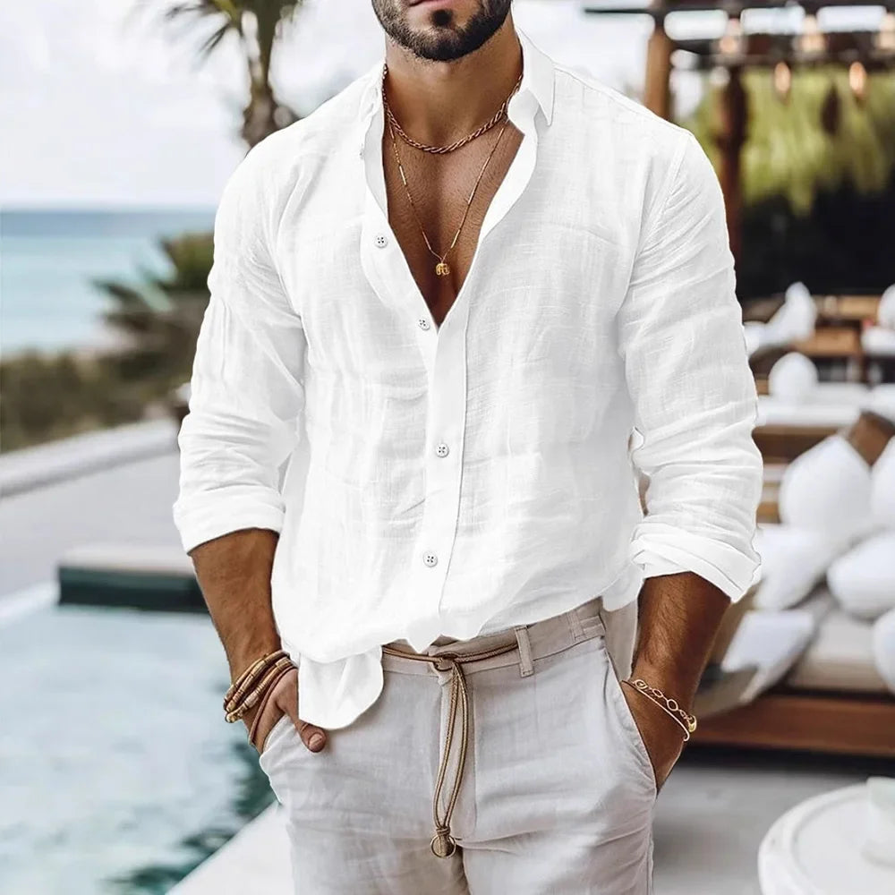 Summer Beach Style Solid Color Lightweight Cotton Linen Shirt
