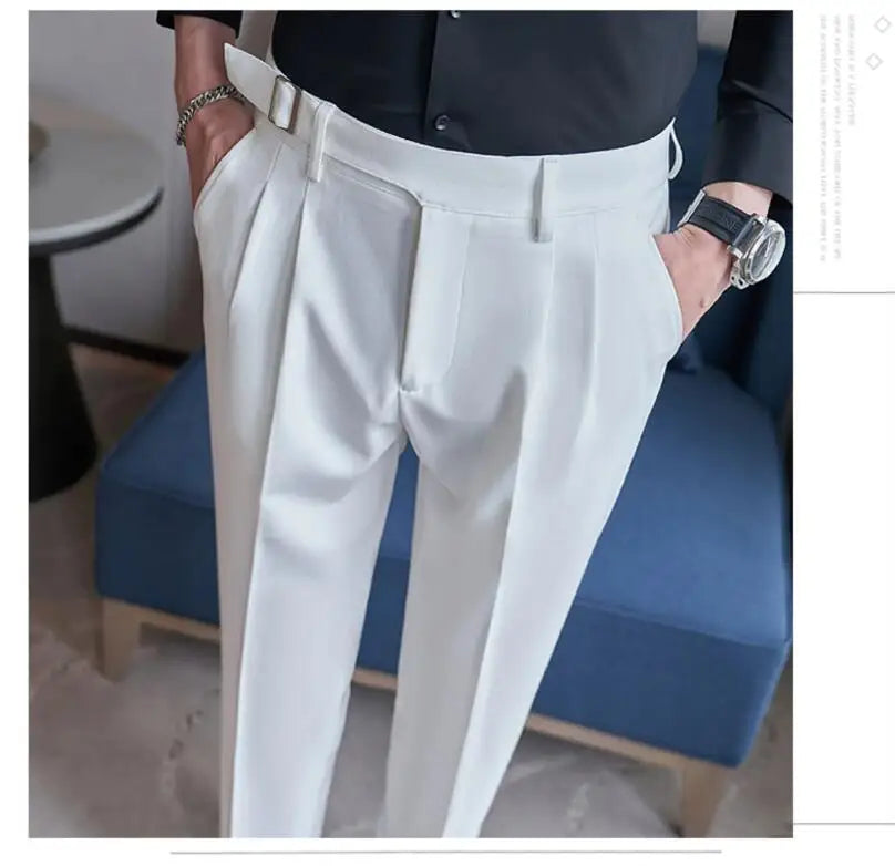 Adjustable Waist Men Solid Color Dress Pants